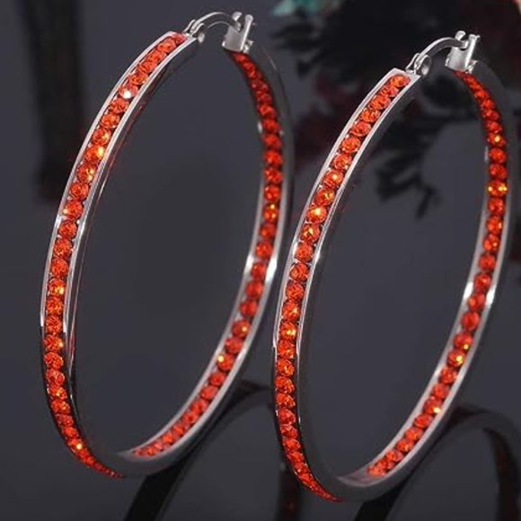 Bright Red Rhinestone Silver Hoop Earrings Big Sparkle Crystal Channel Hoops New - Picture 10 of 12